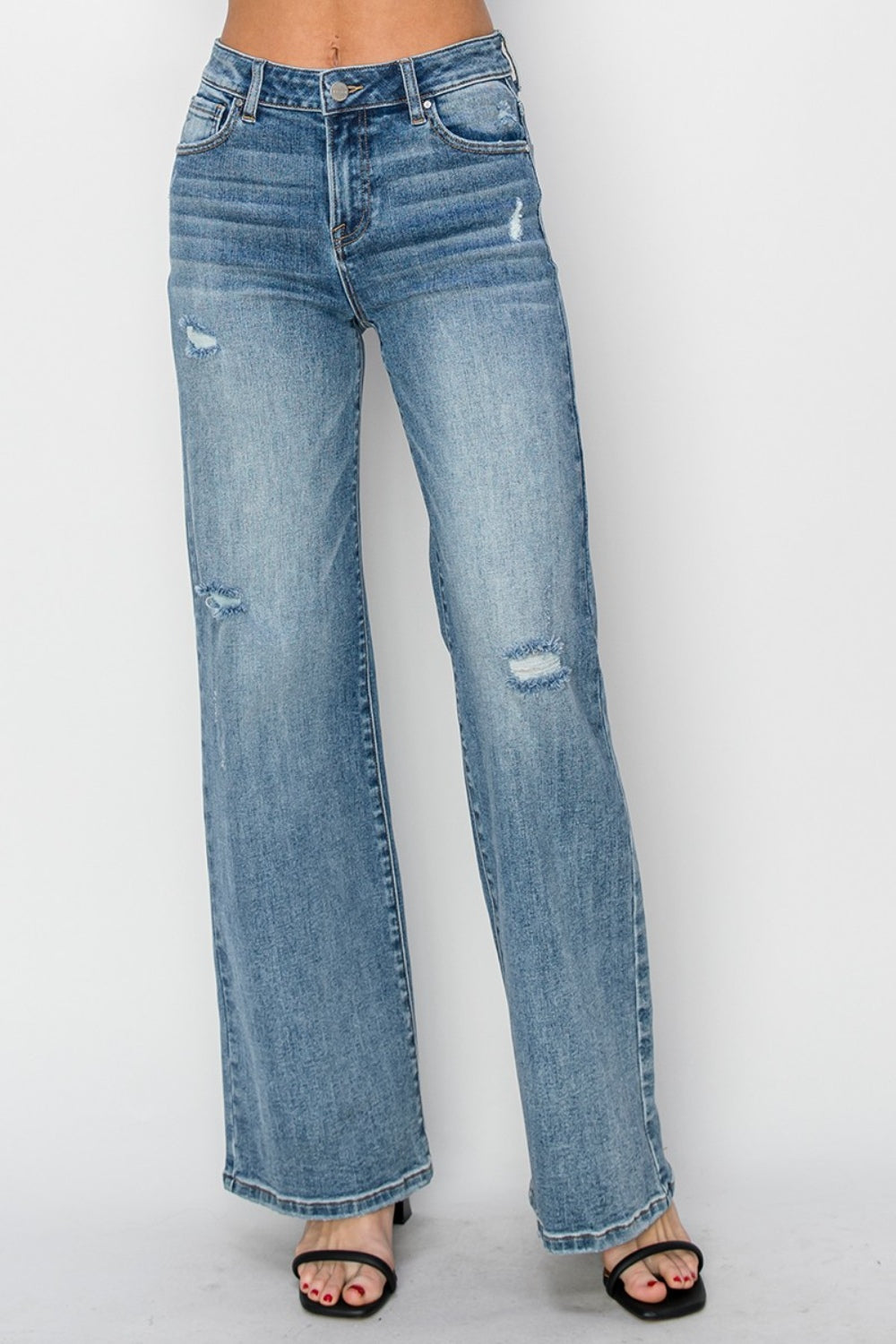 Moving Foward High Waist Distressed Wide Leg Jeans