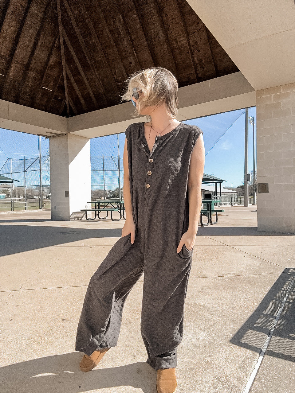 Jaded Cap Sleeve Wide Leg Jumpsuit with Pockets