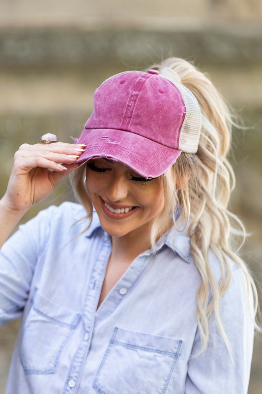 Distressed Messy Bun Baseball Cap