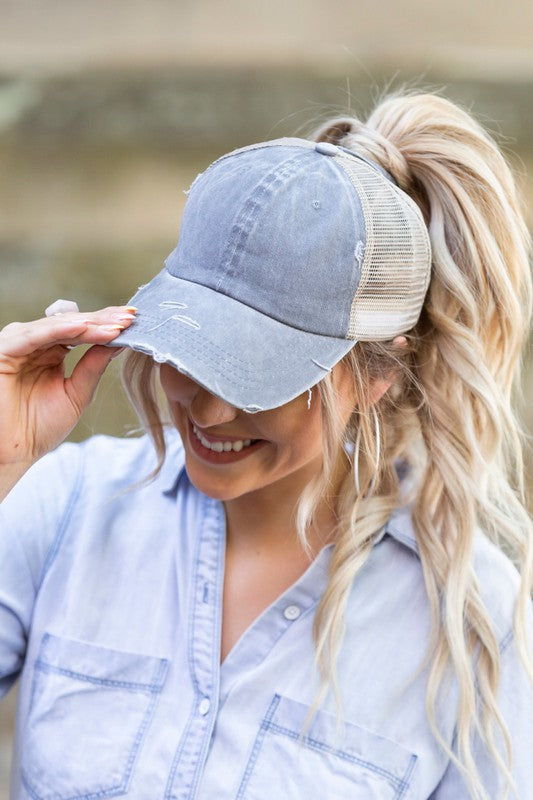 Distressed Messy Bun Baseball Cap