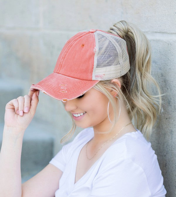 Distressed Messy Bun Baseball Cap