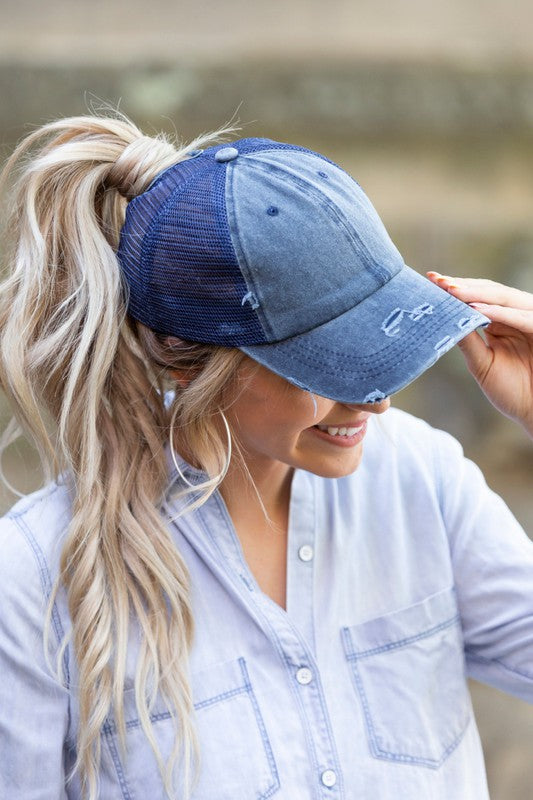 Distressed Messy Bun Baseball Cap